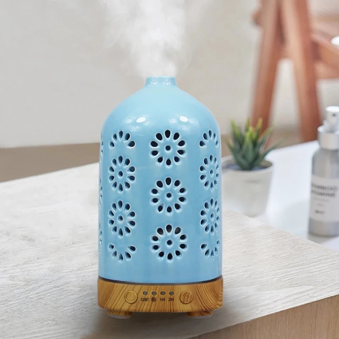 Ceramic Ultrasonic Essential Oil Diffuser, Blue LED Lights for Room Fragrance